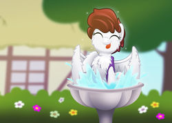 Size: 800x570 | Tagged: safe, artist:jhayarr23, oc, oc only, oc:graph travel, pegasus, pony, :p, behaving like a bird, bird bath, bush, cheek fluff, chest fluff, clothes, cute, eyes closed, female, flower, freckles, graph believe being bird, hoof fluff, house, mare, ocbetes, silly, solo, splash, tongue out, tree, vest, water, wing fluff
