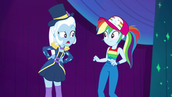 Size: 1920x1080 | Tagged: safe, screencap, rainbow dash, trixie, equestria girls, equestria girls specials, g4, my little pony equestria girls: better together, my little pony equestria girls: spring breakdown, baseball cap, cap, clothes, dress, duo, duo female, female, hand on hip, hat, kneesocks, ponytail, socks, thigh highs, thigh socks, top hat, zettai ryouiki