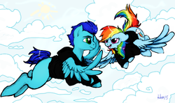 Size: 500x296 | Tagged: safe, artist:kaitlynmae1985, rainbow dash, oc, oc:swift dawn, changeling, pegasus, pony, g4, changeling oc, clothes, cloud, commission, day, disguise, disguised changeling, eye contact, female, flying, green eyes, hoodie, looking at each other, male, simple background, sky, smiling, sun, violet eyes