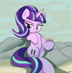 Size: 2326x2362 | Tagged: safe, artist:taurson, starlight glimmer, pony, unicorn, g4, egalitarianism, equal cutie mark, evil, evil starlight, female, giant pony, giant starlight glimmer, giant unicorn, giantess, high res, leaning back, macro, mare, mountain, our town, s5 starlight, she has the whole town in her hoof, sitting, smiling, smirk, solo, stalin glimmer