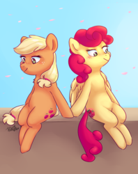 Size: 2775x3508 | Tagged: safe, artist:pucksterv, applejack, strawberry sunrise, earth pony, pegasus, pony, g4, blushing, crack shipping, female, high res, holding hooves, lesbian, mare, missing accessory, ship:applerise, shipping, smiling