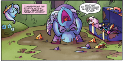 Size: 1280x639 | Tagged: safe, artist:agnesgarbowska, idw, official comic, trixie, pony, friends forever, g4, spoiler:comic, spoiler:comicff6, cape, clothes, crying, female, gem, hat, mare, mud, mud puddle, solo, speech bubble, trixie's cape, trixie's hat