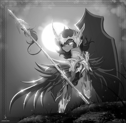 Size: 2143x2100 | Tagged: safe, artist:zidanemina, king sombra, horse, pony, unicorn, g4, armor, crossover, grayscale, high res, male, monochrome, saint seiya, solo, spear, weapon