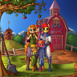 Size: 4000x4000 | Tagged: safe, artist:neko-me, apple bloom, applejack, big macintosh, bright mac, pear butter, anthro, unguligrade anthro, apple bloomers, g4, apple buruma project, clothes, commission, family, fantasy class, female, looking at you, mage, male, older, pants, sweet apple acres, tree, warrior