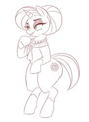 Size: 1100x1500 | Tagged: safe, artist:lamarkey, stellar flare, pony, unicorn, g4, bipedal, eyeshadow, female, jewelry, lip bite, makeup, monochrome, necklace, pearl necklace, simple background, smiling, solo, standing, standing up, tail, white background