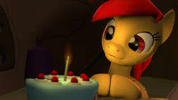 Size: 1920x1080 | Tagged: safe, artist:psfmer, oc, oc only, oc:epiclper, pony, 3d, birthday cake, cake, candle, food, solo, source filmmaker