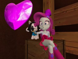 Size: 1400x1050 | Tagged: safe, artist:rachidile, rarity, human, temmie, elements of insanity, equestria girls, g4, 3d, anti-heroine, blue eyes, boots, boyshorts, cabin, clothes, confident, crate, crossed legs, crossover, crystal heart, doppelganger, dress, equestria girls-ified, gauntlet, general hat, girly girl, gmod, hat, indoors, insanity, light skin, magic, magical telekinesis, panties, pink hair, purple underwear, rarifruit, shoes, shrunken pupils, sitting, skirt, smiling, undertale, underwear, upskirt