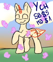 Size: 1700x2000 | Tagged: safe, artist:jellysketch, oc, oc only, alicorn, bat, butterfly, pegasus, pony, unicorn, any gender, any race, any species, auction, commission, cute, solo, sunset, your character here