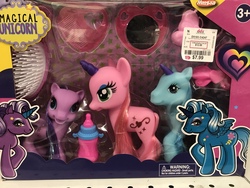 Size: 4032x3024 | Tagged: safe, alicorn, earth pony, pony, unicorn, g3, g3.5, ages 3+, baby bottle, barcode, bootleg, brush, choking hazard, colored horn, dd's discounts, eyeshadow, horn, irl, magical unicorn, makeup, mirror, photo, price tag, toy