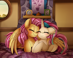 Size: 2516x1989 | Tagged: safe, artist:pridark, fluttershy, oc, oc:platinum rose, pegasus, pony, unicorn, g4, canon x oc, commission, cute, duo, eyes closed, female, lesbian, shipping, smiling, snuggling