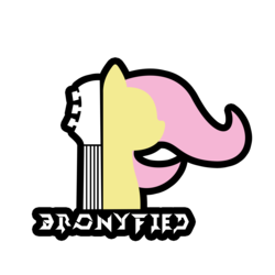 Size: 5000x5000 | Tagged: safe, artist:phantombadger, fluttershy, pegasus, pony, g4, artifact, bronyfied, female, guitar, logo, mare, musical instrument, simple background, solo, text, transparent background