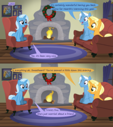 Size: 1280x1440 | Tagged: safe, artist:evil-dec0y, jack pot, sunflower spectacle, trixie, pony, unicorn, g4, christmas wreath, comic, dialogue, fireplace, ship:jacktacle, trixie's parents, wreath