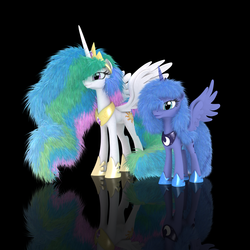 Size: 4096x4096 | Tagged: safe, artist:veryoldbrony, princess celestia, princess luna, alicorn, pony, g4, 3d, 3d model, black background, cute, cutelestia, female, fluffy, hair over one eye, lunabetes, mare, messy hair, messy mane, messy tail, reflection, royal sisters, simple background, smiling, spread wings, wings