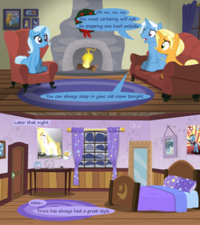 Size: 1280x1440 | Tagged: safe, artist:evil-dec0y, jack pot, prince blueblood, sunflower spectacle, trixie, pony, unicorn, g4, bed, bedroom, christmas wreath, comic, dialogue, female, fireplace, grounded, male, mirror, ship:bluetrix, ship:jacktacle, shipping, straight, trixie's parents, wreath