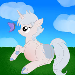Size: 1280x1280 | Tagged: safe, artist:preggyponies-4u, oc, oc:frosty cream, butterfly, pony, unicorn, belly, belly blush, big belly, cute, female, grass, kicking, mare, outdoors, pregnant
