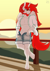 Size: 2480x3508 | Tagged: safe, artist:tatemil, oc, oc only, oc:red quasar, anthro, unguligrade anthro, abs, clothes, high res, male, shirt, shorts, solo