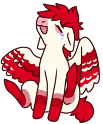 Size: 250x300 | Tagged: safe, artist:guidomista, oc, oc only, oc:bloodshot, pegasus, pony, chibi, crying, cute, cutesy, eyes closed, floppy ears, head back, laughing, male, markings, red, simple, sitting, smiling, solo, spiky hair, spiky mane, spread wings, stallion, white, wings
