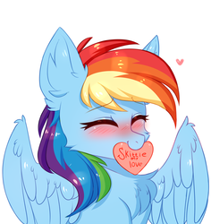 Size: 2836x3000 | Tagged: safe, artist:pesty_skillengton, rainbow dash, pegasus, pony, g4, blushing, bust, chest fluff, cute, dashabetes, eyes closed, female, heart, high res, implied oc:skittle, love, mare, mouth hold, simple background, solo, spread wings, white background, wing fluff, wings