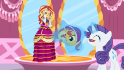 Size: 1024x576 | Tagged: safe, artist:tonypilot, rarity, sunset shimmer, pony, equestria girls, g4, 3d, bonnet, carousel boutique, clothes, dress, glasses, mmd