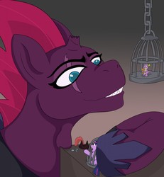 Size: 1182x1280 | Tagged: safe, artist:bur', spike, tempest shadow, twilight sparkle, dragon, pony, comic:tempest cage, g4, broken horn, cage, female, fetish, hat, horn, implied captain celaeno, male, mare, micro, scar, sharp teeth, smiling, teeth, tempred, throat bulge, vore