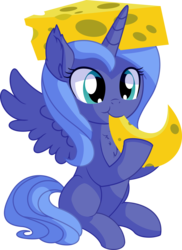 Size: 5656x7762 | Tagged: safe, artist:cyanlightning, princess luna, alicorn, pony, g4, .svg available, absurd resolution, cheese, cheese hat, cheesehead, chest fluff, cute, ear fluff, eating, female, filly, food, hat, lunabetes, precious, simple background, sitting, solo, spread wings, transparent background, vector, wings, woona, younger