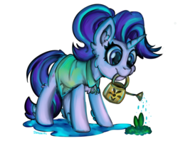 Size: 929x740 | Tagged: safe, artist:deraniel, starlight glimmer, pony, unicorn, g4, cheek fluff, chest fluff, clothes, cute, ear fluff, female, gardening, glimmerbetes, leg fluff, mare, mouth hold, one layer, plant, simple background, solo, transparent background, watering can