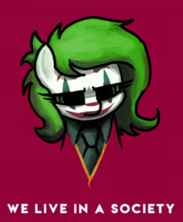 Size: 459x557 | Tagged: safe, artist:plunger, oc, oc only, oc:filly anon, earth pony, pony, bust, face paint, female, filly, joker (2019), looking at you, simple background, solo, text, the joker, we live in a society