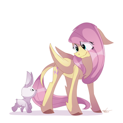 Size: 1500x1500 | Tagged: safe, artist:dddreamdraw, fluttershy, pegasus, pony, rabbit, g4, cloven hooves, colored hooves, cute, eye clipping through hair, female, floppy ears, folded wings, leg fluff, leonine tail, looking at each other, looking down, mare, shyabetes, signature, simple background, smiling, solo, standing, white background, wings