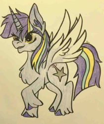 Size: 800x954 | Tagged: safe, artist:crescent moon, oc, oc only, oc:twinkle starstone, alicorn, pony, alicorn oc, fluffy, grin, horn, not twilight sparkle, signed, smiling, spread wings, traditional art, unshorn fetlocks, wings