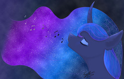 Size: 1280x819 | Tagged: safe, artist:novahkiin707, princess luna, alicorn, pony, g4, bust, curved horn, cute, ear fluff, ethereal mane, eyes closed, female, galaxy mane, horn, lunabetes, music notes, portrait, profile, signature, singing, solo, starry mane