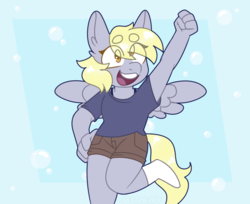 Size: 1097x893 | Tagged: safe, artist:bunnykitty13, derpy hooves, anthro, plantigrade anthro, g4, beanbrows, bubble, clothes, cute, derpabetes, eye clipping through hair, eyebrows, female, hand on hip, open mouth, socks, solo