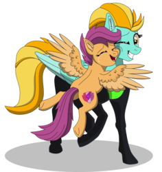 Size: 8285x8771 | Tagged: safe, artist:faitheverlasting, lightning dust, scootaloo, pegasus, pony, g4, the washouts (episode), absurd resolution, clothes, commission, crying, description is relevant, feels, female, filly, hug, simple background, smiling, spread wings, tears of joy, the cmc's cutie marks, transparent background, uniform, washouts uniform, wings