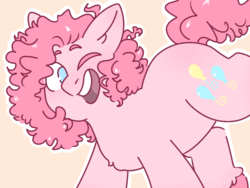Size: 1280x960 | Tagged: safe, artist:bunnykitty13, pinkie pie, earth pony, pony, g4, alternate hairstyle, chest fluff, cute, diapinkes, female, no pupils, one eye closed, open mouth, pink background, simple background, solo, unshorn fetlocks, wink