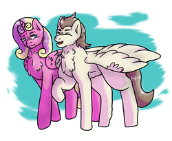 Size: 1100x900 | Tagged: safe, artist:icefeather24, pound cake, princess skyla, alicorn, pegasus, pony, g4, adult, chest fluff, couple, female, male, married couple, older, older pound cake, older skyla, pregnant, ship:skylacake, shipping, straight