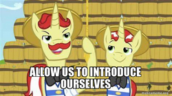Size: 800x449 | Tagged: safe, edit, edited screencap, screencap, flam, flim, g4, the super speedy cider squeezy 6000, allow us to introduce ourselves, caption, duo, flim flam brothers, image macro, meme, text, veggietales