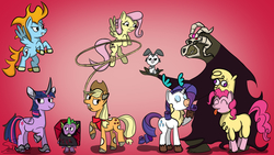 Size: 1920x1080 | Tagged: safe, artist:sadtrooper, angel bunny, applejack, arizona (tfh), fhtng th§ ¿nsp§kbl, fluttershy, harry, oleander (tfh), paprika (tfh), pinkie pie, pom (tfh), rainbow dash, rarity, spike, tianhuo (tfh), twilight sparkle, velvet (tfh), alicorn, alpaca, bear, dragon, earth pony, huggles, pegasus, pony, unicorn, them's fightin' herds, g4, atg 2018, book, clothes, community related, cosplay, costume, crossover, eyes closed, female, fightin' six, flying, male, mane seven, mane six, mare, newbie artist training grounds, raised hoof, red background, rope, signature, simple background, smiling, tongue out, twilight sparkle (alicorn), unicornomicon, watermark, wings