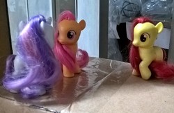 Size: 2306x1506 | Tagged: safe, artist:edhelistar, derpibooru exclusive, apple bloom, scootaloo, sweetie belle, earth pony, pegasus, pony, unicorn, g4, brushable, cardboard box, cutie mark crusaders, egg beater, irl, looking at each other, photo, plastic bag, this will end in tears and/or death and/or covered in tree sap, this will end in tree sap, toy
