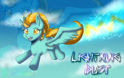 Size: 1124x711 | Tagged: safe, artist:sonleeforever5, lightning dust, pegasus, pony, g4, cloud, cute, dustabetes, female, flying, lightning, mare, open mouth, reflection, sky, smiling, solo, sparkles, wings, zoom layer