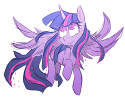 Size: 1131x884 | Tagged: safe, artist:lamianxious, twilight sparkle, alicorn, pony, g4, eye clipping through hair, female, flying, looking up, mare, simple background, smiling, solo, starry eyes, stars, twilight sparkle (alicorn), white background, windswept mane, wingding eyes