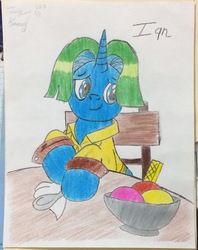 Size: 1521x1920 | Tagged: safe, artist:jerrykenway, oc, oc:ian nevla, pony, unicorn, chair, clothes, food, ice cream, male, table, traditional art, vest