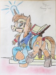 Size: 1440x1920 | Tagged: safe, artist:jerrykenway, oc, oc:jerry kenway, pony, unicorn, book, boots, bridle, clothes, magic, male, shoes, tack, traditional art, uniform