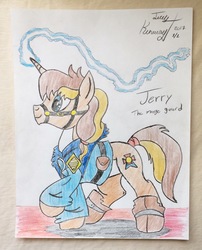 Size: 1553x1920 | Tagged: safe, artist:jerrykenway, oc, oc:jerry kenway, pony, unicorn, bridle, clothes, magic, male, tack, traditional art, uniform