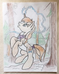 Size: 1545x1920 | Tagged: safe, artist:jerrykenway, oc, oc:jerry kenway, pony, unicorn, bipedal, forest, magic, male, traditional art