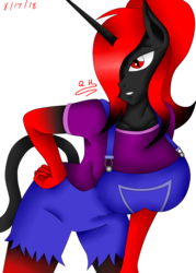 Size: 1800x2520 | Tagged: safe, artist:rockleerocks77, oc, oc:queen haiku, anthro, anthro oc, bent over, gradient mane, needs more saturation, overalls, red and black oc, seductive, sexy, simple background, skintight clothes, transparent background