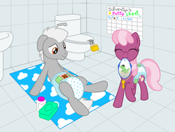 Size: 2400x1800 | Tagged: safe, artist:datspaniard, cheerilee, oc, oc:silvertip, pony, g4, baby powder, baby wipes, bathroom, bathroom denial, changing mat, diaper, diaper change, diaper fetish, diaper training, fetish, foal powder, key, lock, non-baby in diaper, padlock, potty chart, pullup (diaper), toilet, unpotty training, urine, wet diaper