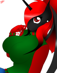 Size: 1944x2520 | Tagged: safe, artist:rockleerocks77, oc, oc:queen haiku, alicorn, anthro, alicorn oc, anthro oc, gradient mane, gravity-defying breasts, red and black oc, simple background, skintight clothes, transparent background