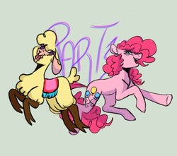 Size: 813x720 | Tagged: safe, artist:sleepymangos, paprika (tfh), pinkie pie, alpaca, them's fightin' herds, g4, community related, duo, eye clipping through hair, floppy ears, gray background, looking at each other, open mouth, simple background, text, tongue out