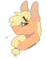 Size: 586x733 | Tagged: safe, artist:sleepymangos, part of a set, applejack, pony, g4, bust, chest fluff, ear fluff, eye clipping through hair, eyebrows, eyebrows visible through hair, female, freckles, hay stalk, looking at you, mare, profile, simple background, smiling, solo, straw in mouth, white background