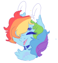 Size: 948x1031 | Tagged: safe, artist:sleepymangos, rainbow dash, pony, g4, alternate hairstyle, beanbrows, bust, chest fluff, colored ears, ear fluff, eyebrows, eyes closed, female, hair over one eye, happy, mare, open mouth, simple background, solo, white background