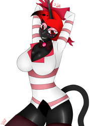 Size: 1800x2520 | Tagged: safe, artist:rockleerocks77, oc, oc:queen haiku, anthro, angel dust (hazbin hotel), anthro oc, breasts, cleavage, clothes, cosplay, costume, demon costume, female, gradient mane, hazbin hotel, hellaverse, red and black oc, simple background, skintight clothes, solo, spider costume, that's entertainment, white background